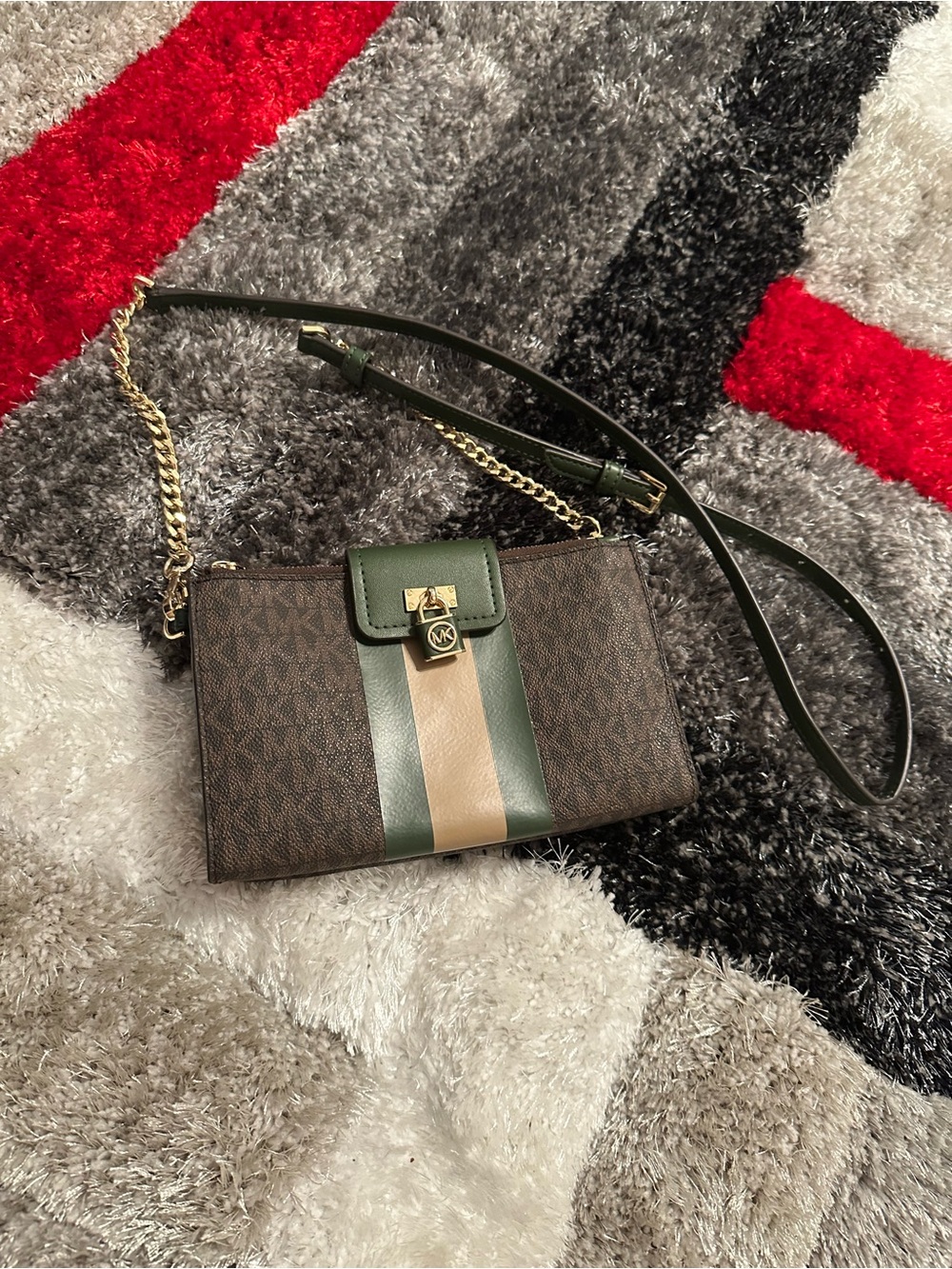Michael Kors Brown Signature Crossbody with Green and Cream Stripe